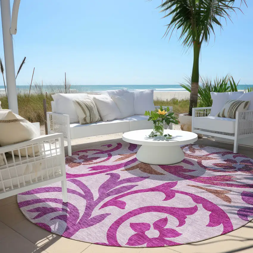8' Lavender Blush And Purple Round Floral Washable Indoor Outdoor Area Rug Photo 6