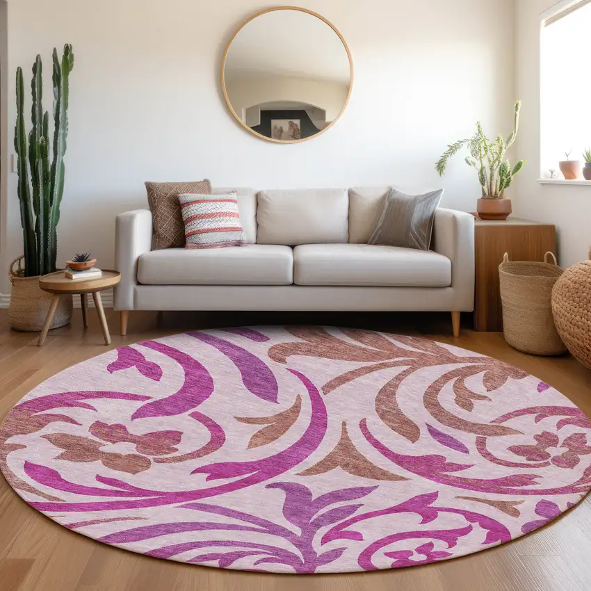 8' Lavender Blush And Purple Round Floral Washable Indoor Outdoor Area Rug Photo 7