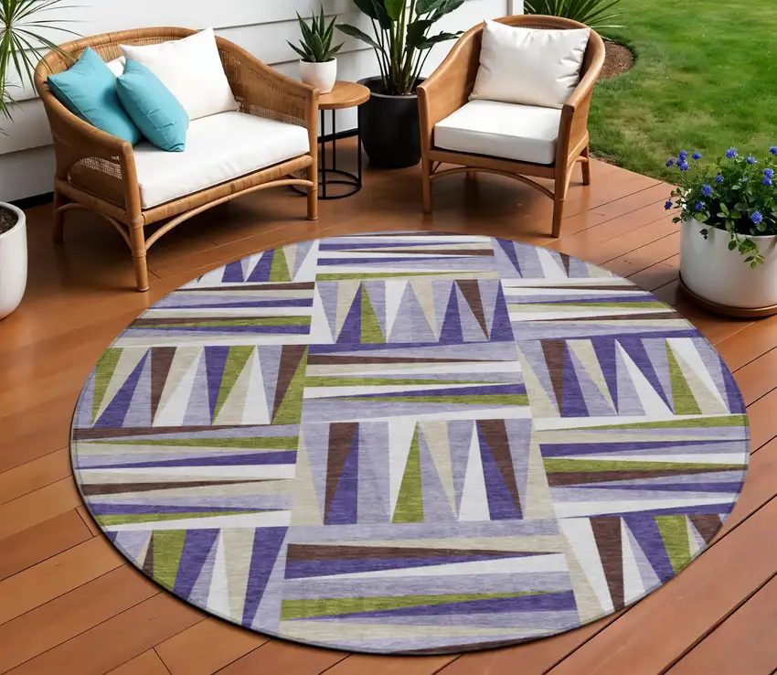 8' Lavender Brown And Green Round Geometric Washable Indoor Outdoor Area Rug Photo 1