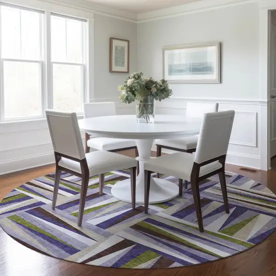 8' Lavender Brown And Green Round Geometric Washable Indoor Outdoor Area Rug Photo 8