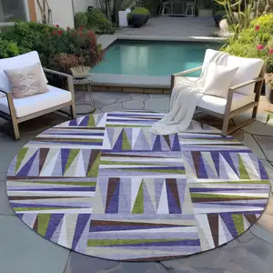Photo of 8' Lavender Brown And Green Round Geometric Washable Indoor Outdoor Area Rug