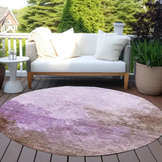 8' Lavender Brown And Ivory Round Abstract Washable Indoor Outdoor Area Rug Photo 6