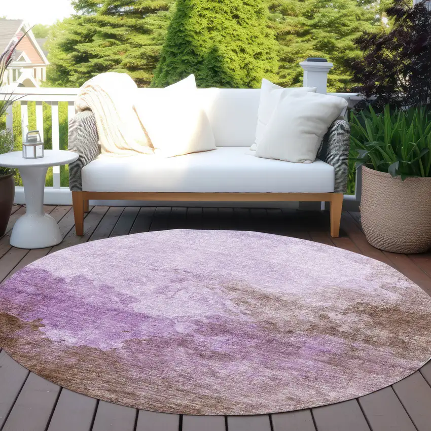 8' Lavender Brown And Ivory Round Abstract Washable Indoor Outdoor Area Rug Photo 6