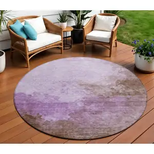 Photo of 8' Lavender Brown And Ivory Round Abstract Washable Indoor Outdoor Area Rug