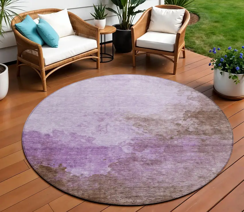 8' Lavender Brown And Ivory Round Abstract Washable Indoor Outdoor Area Rug Photo 1