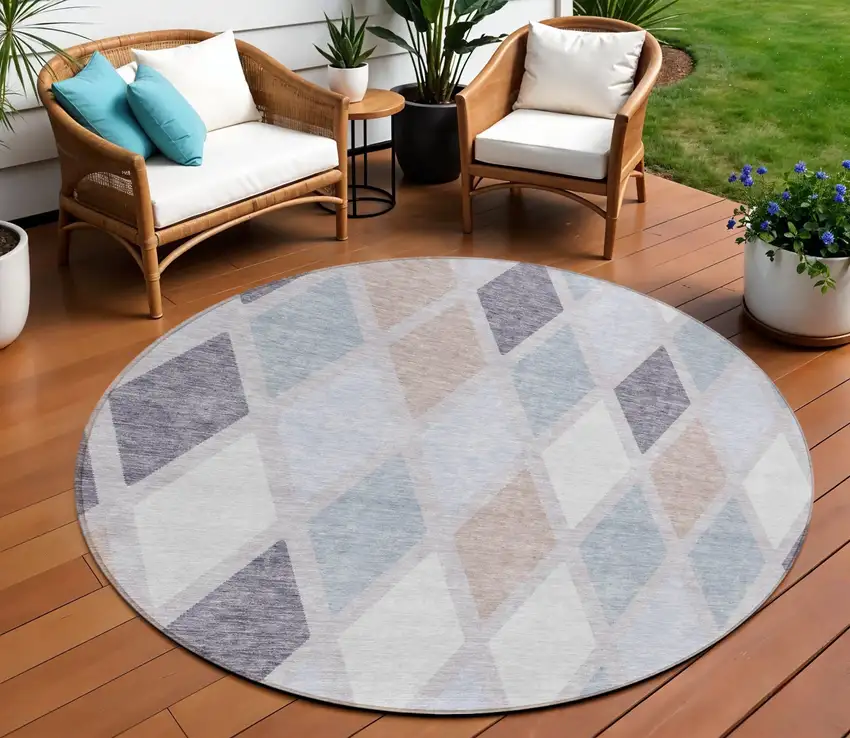 8' Lavender Brown And Ivory Round Geometric Washable Indoor Outdoor Area Rug Photo 1