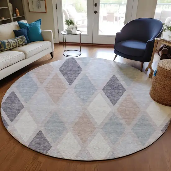 8' Lavender Brown And Ivory Round Geometric Washable Indoor Outdoor Area Rug Photo 7