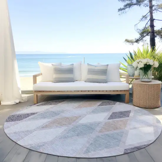 8' Lavender Brown And Ivory Round Geometric Washable Indoor Outdoor Area Rug Photo 6