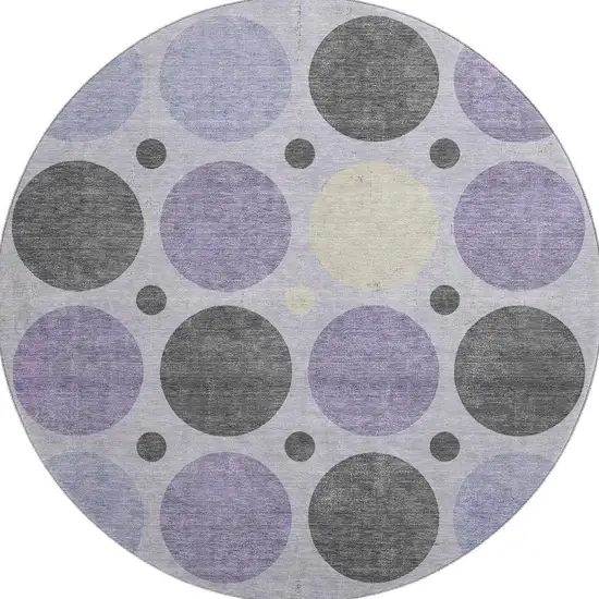 8' Lavender Charcoal And Ivory Geometric Washable Round Rug With UV Protection Photo 4