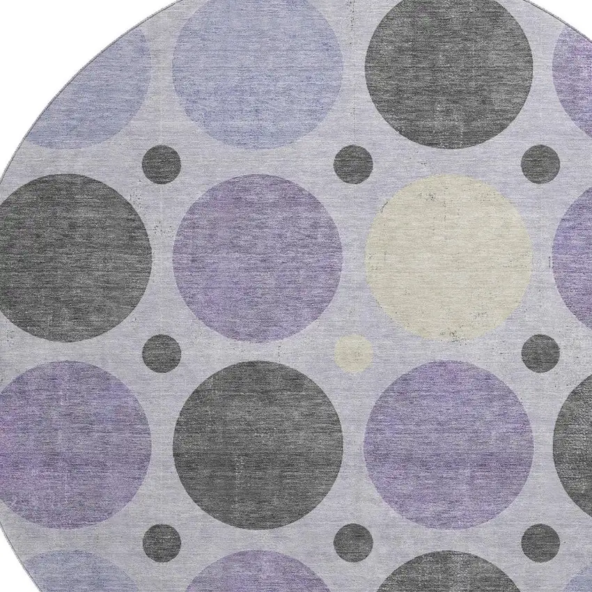 8' Lavender Charcoal And Ivory Geometric Washable Round Rug With UV Protection Photo 3