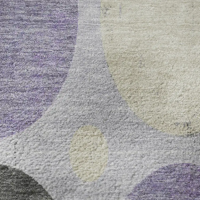 8' Lavender Charcoal And Ivory Geometric Washable Round Rug With UV Protection Photo 9