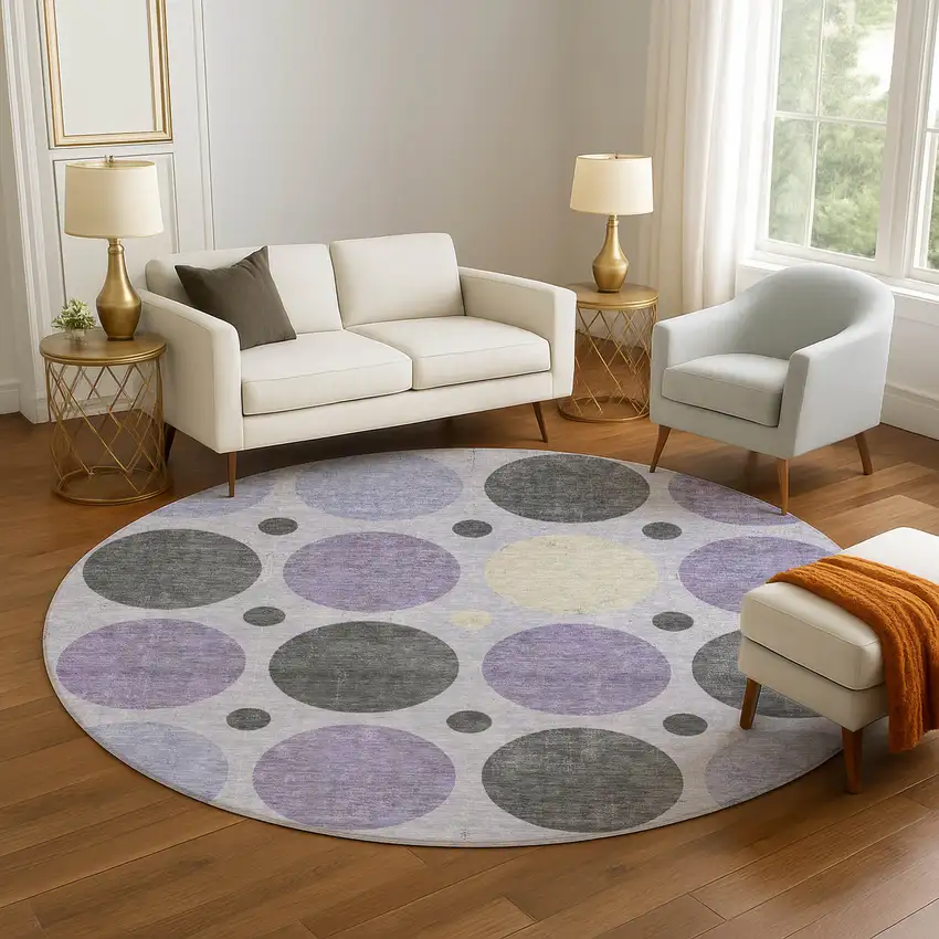 8' Lavender Charcoal And Ivory Geometric Washable Round Rug With UV Protection Photo 5