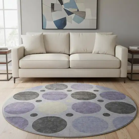 8' Lavender Charcoal And Ivory Geometric Washable Round Rug With UV Protection Photo 2