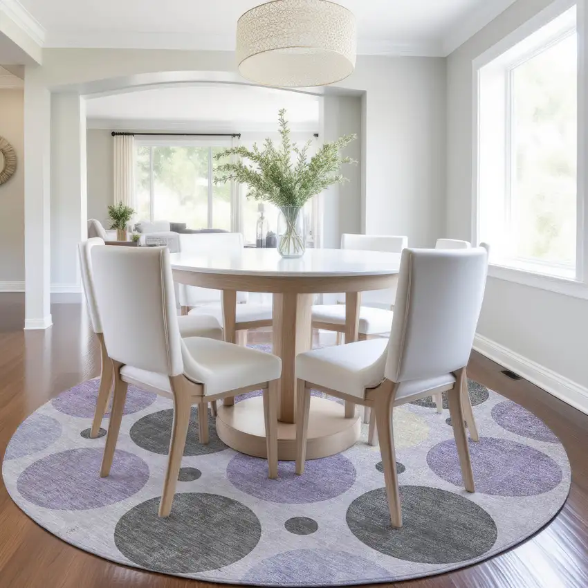 8' Lavender Charcoal And Ivory Round Geometric Washable Indoor Outdoor Area Rug Photo 6