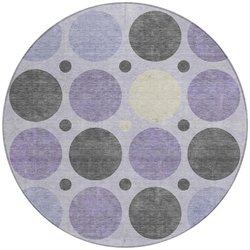 8' Lavender Charcoal And Ivory Round Geometric Washable Indoor Outdoor Area Rug Photo 3