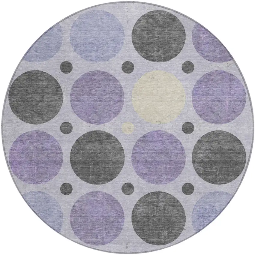 8' Lavender Charcoal And Ivory Round Geometric Washable Indoor Outdoor Area Rug Photo 1