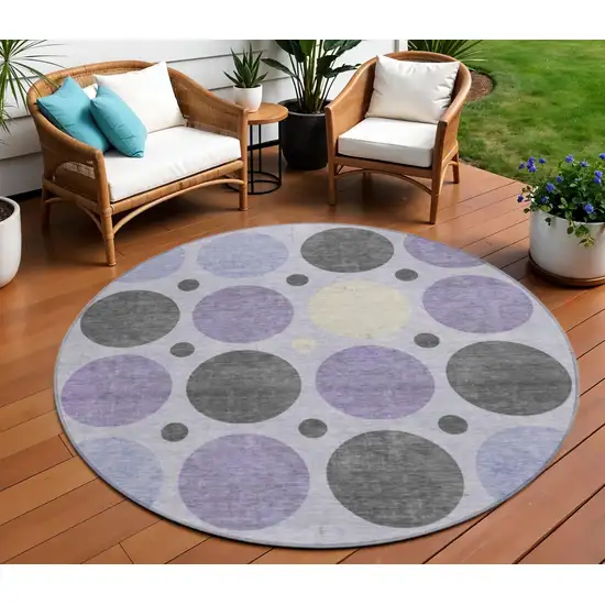 8' Lavender Charcoal And Ivory Round Geometric Washable Indoor Outdoor Area Rug Photo 2