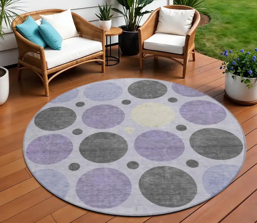 8' Lavender Charcoal And Ivory Round Geometric Washable Indoor Outdoor Area Rug Photo 2