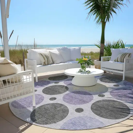 8' Lavender Charcoal And Ivory Round Geometric Washable Indoor Outdoor Area Rug Photo 5