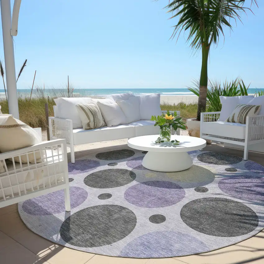 8' Lavender Charcoal And Ivory Round Geometric Washable Indoor Outdoor Area Rug Photo 5