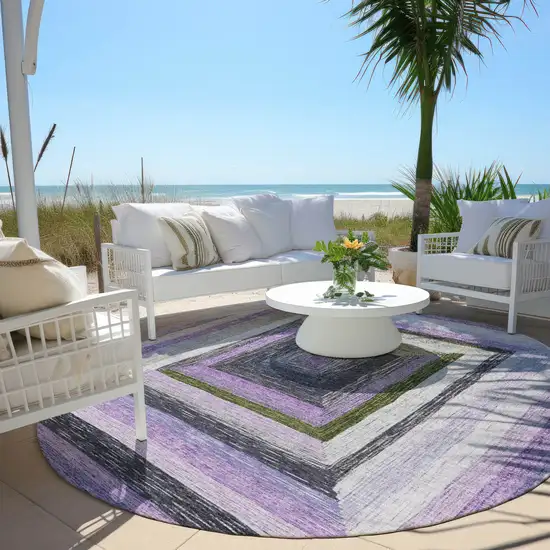 8' Lavender Charcoal And Ivory Round Geometric Washable Indoor Outdoor Area Rug Photo 5