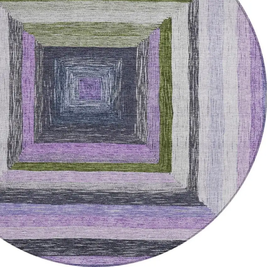 8' Lavender Charcoal And Ivory Round Geometric Washable Indoor Outdoor Area Rug Photo 4
