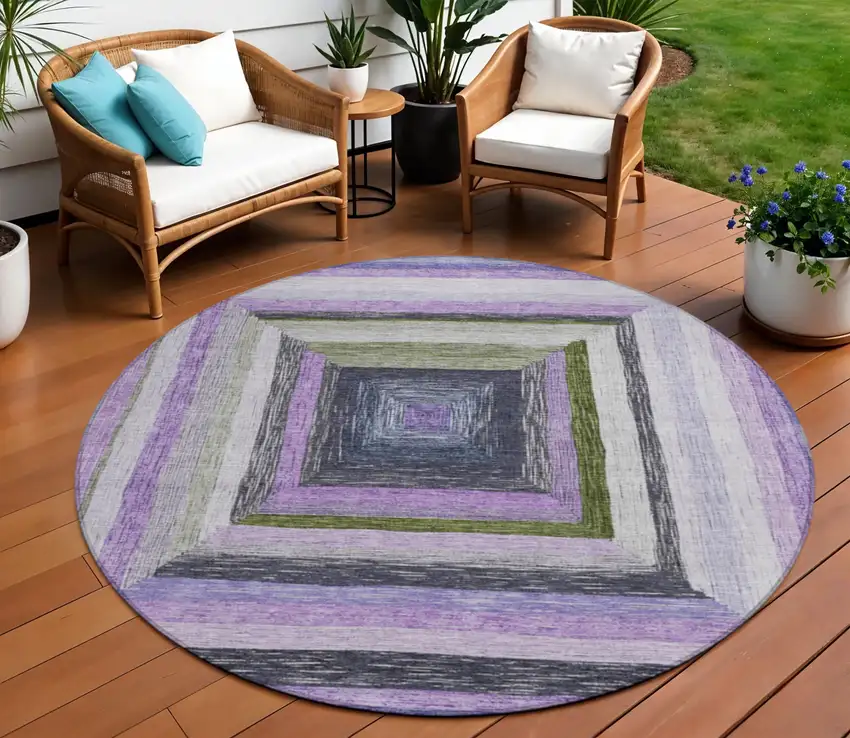 8' Lavender Charcoal And Ivory Round Geometric Washable Indoor Outdoor Area Rug Photo 2