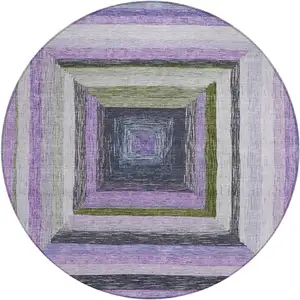 Photo of 8' Lavender Charcoal And Ivory Round Geometric Washable Indoor Outdoor Area Rug