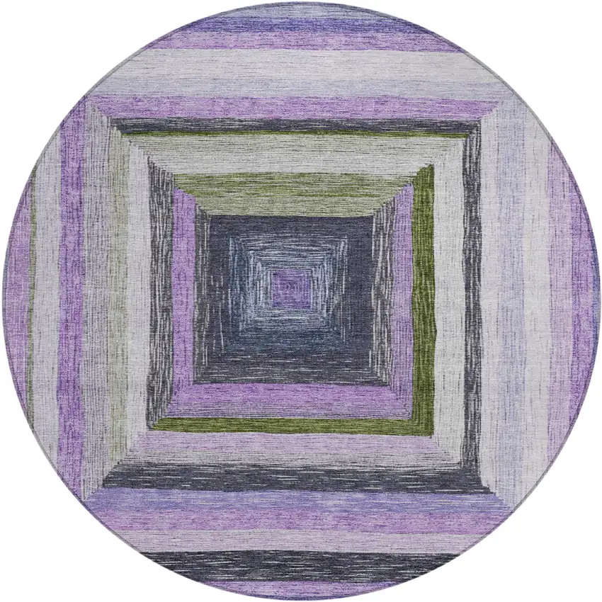 8' Lavender Charcoal And Ivory Round Geometric Washable Indoor Outdoor Area Rug Photo 1