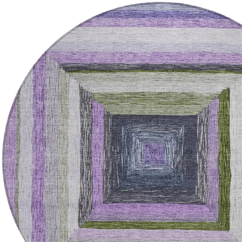 8' Lavender Charcoal And Ivory Round Geometric Washable Indoor Outdoor Area Rug Photo 8