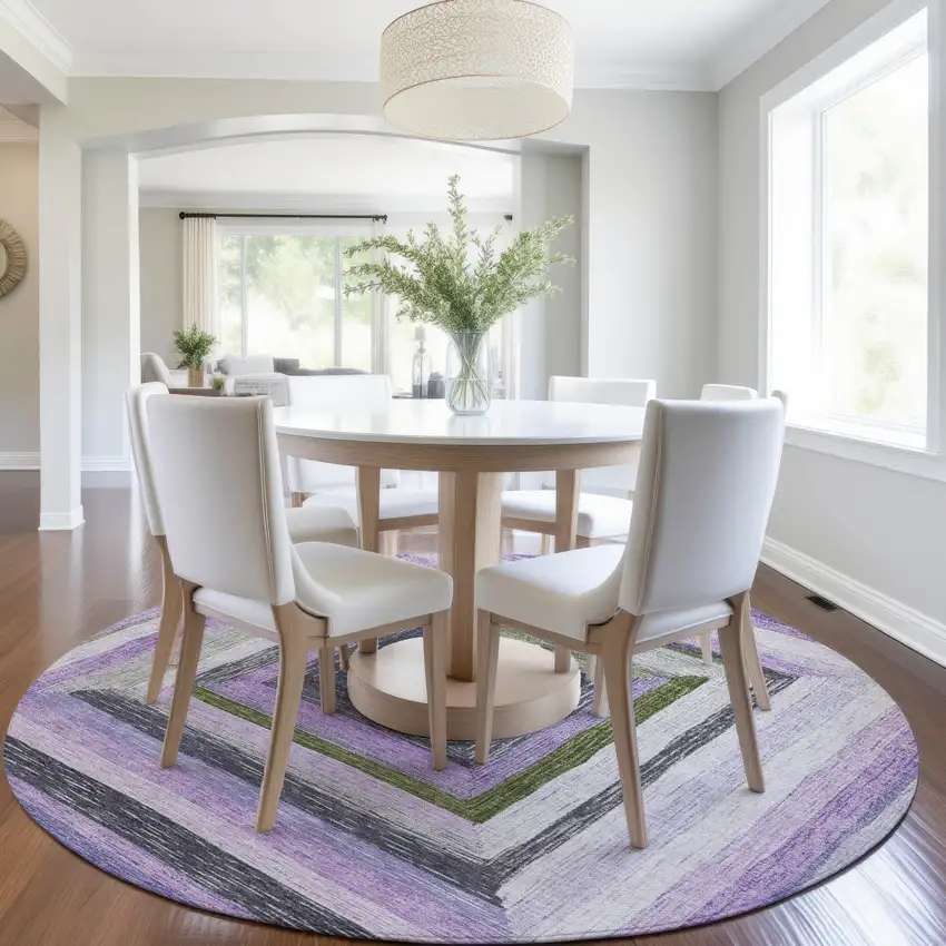 8' Lavender Charcoal And Ivory Round Geometric Washable Indoor Outdoor Area Rug Photo 6