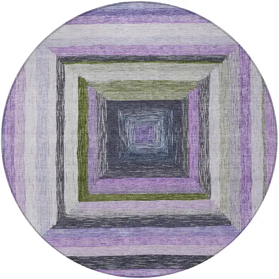 8' Lavender Charcoal And Ivory Round Geometric Washable Indoor Outdoor Area Rug Photo 3