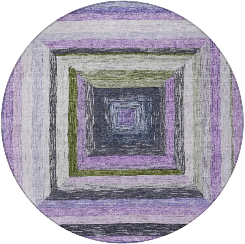 8' Lavender Charcoal And Ivory Round Geometric Washable Indoor Outdoor Area Rug Photo 3