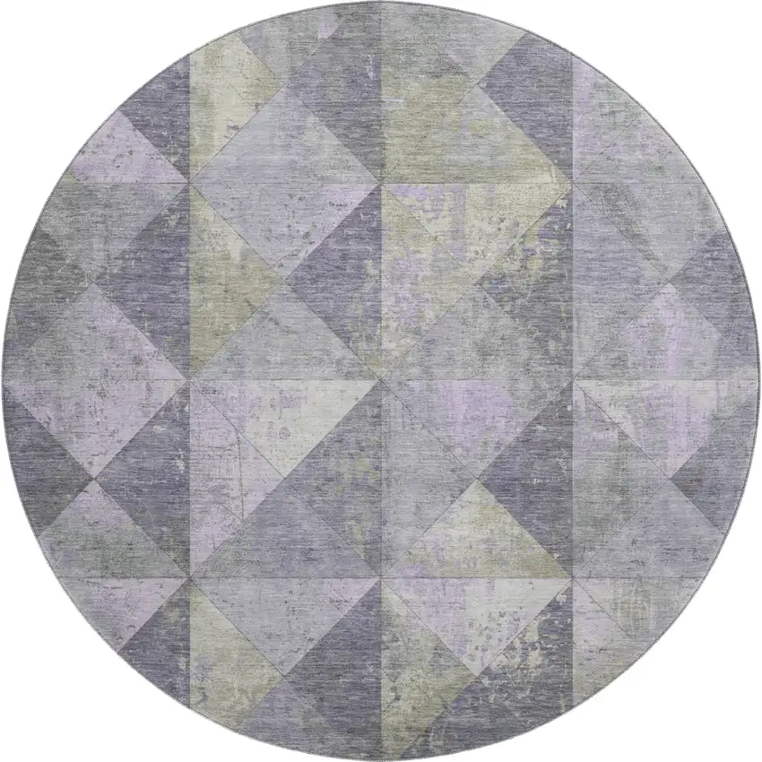 8' Lavender Fern Green And Ivory Geometric Washable Round Rug With UV Protection Photo 1