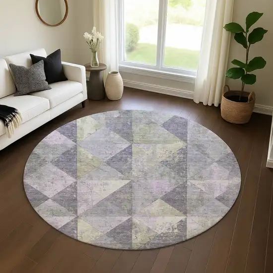8' Lavender Fern Green And Ivory Geometric Washable Round Rug With UV Protection Photo 4