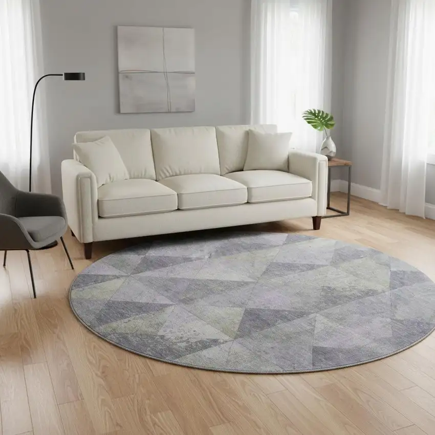 8' Lavender Fern Green And Ivory Geometric Washable Round Rug With UV Protection Photo 2