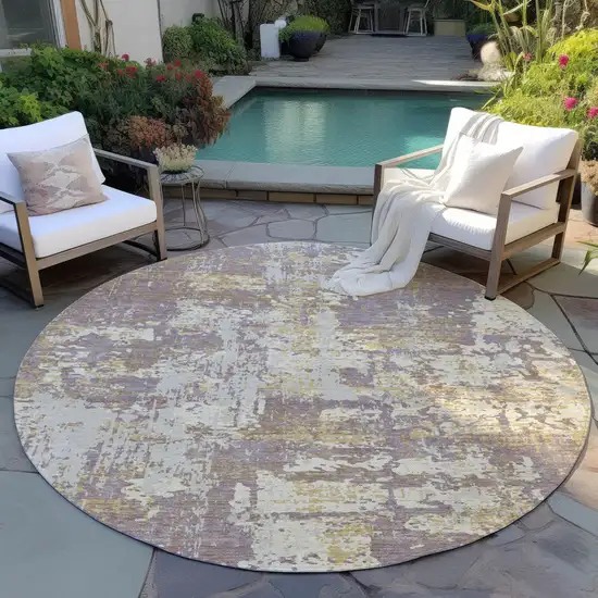 8' Lavender Gold And Beige Round Abstract Washable Indoor Outdoor Area Rug Photo 7