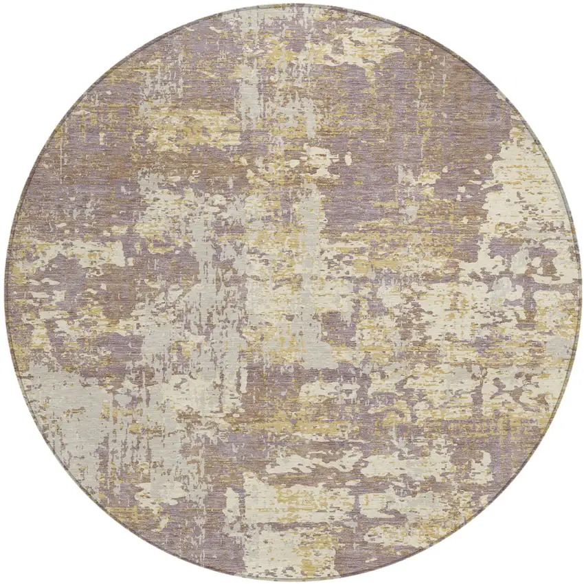 8' Lavender Gold And Beige Round Abstract Washable Indoor Outdoor Area Rug Photo 2
