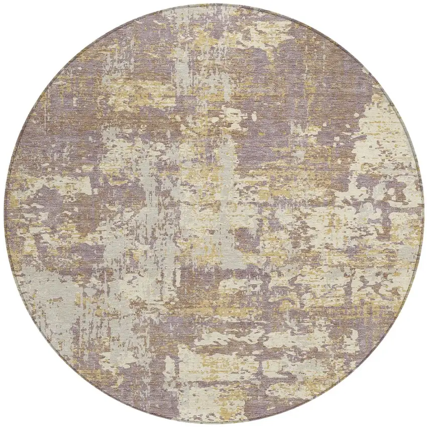 8' Lavender Gold And Beige Round Abstract Washable Indoor Outdoor Area Rug Photo 6