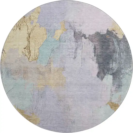 8' Lavender Gold And Charcoal Abstract Washable Round Rug With UV Protection Photo 1