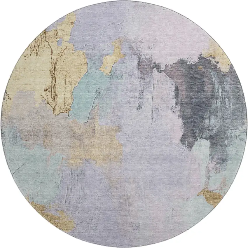 8' Lavender Gold And Charcoal Abstract Washable Round Rug With UV Protection Photo 1