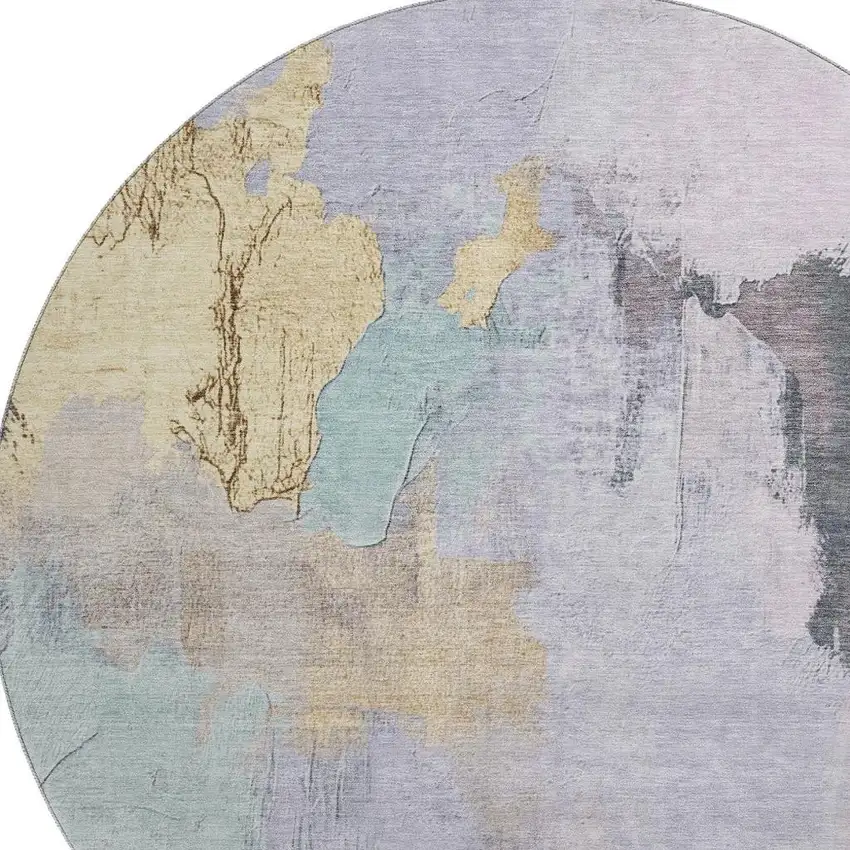 8' Lavender Gold And Charcoal Abstract Washable Round Rug With UV Protection Photo 3