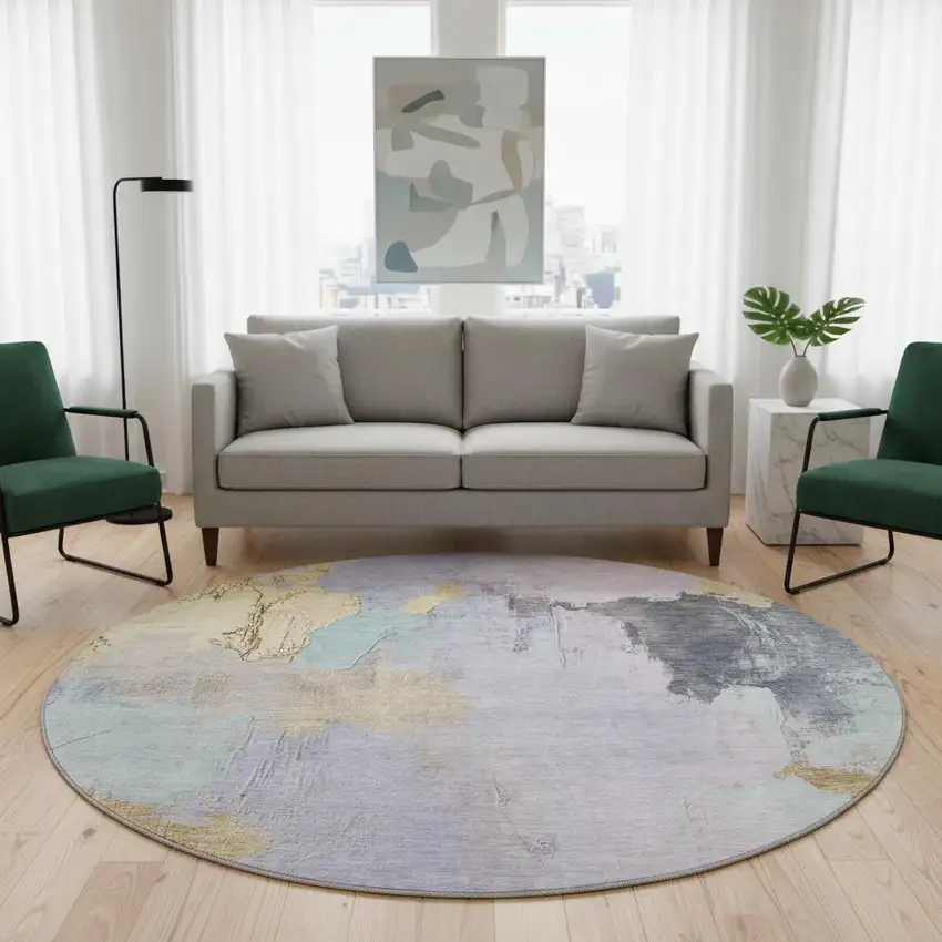 8' Lavender Gold And Charcoal Abstract Washable Round Rug With UV Protection Photo 2