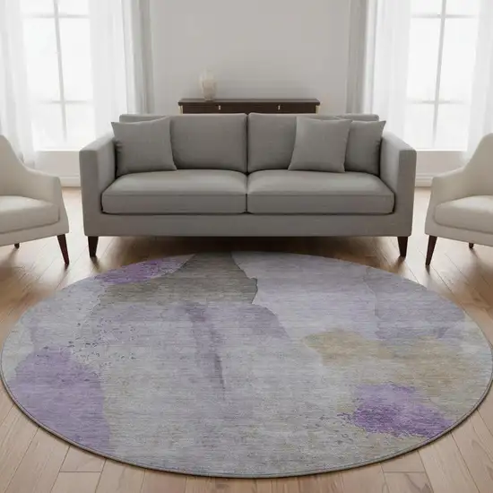 8' Lavender Gold And Gray Abstract Washable Round Rug With UV Protection Photo 2