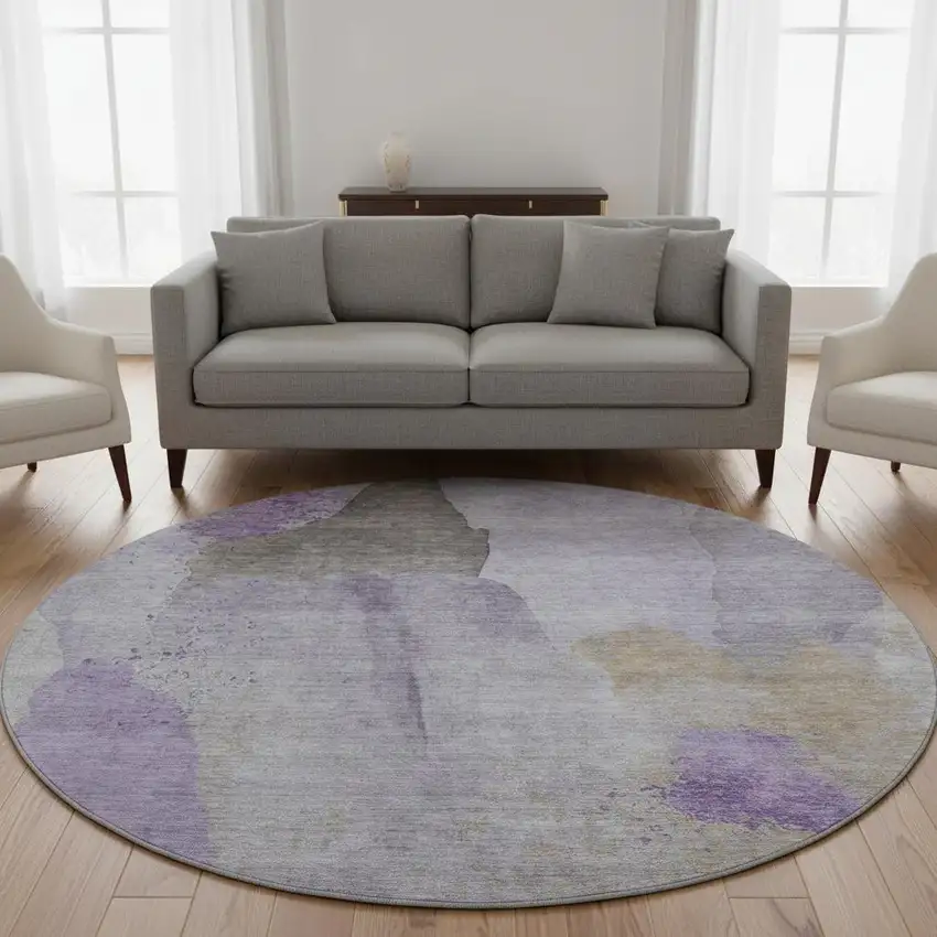 8' Lavender Gold And Gray Abstract Washable Round Rug With UV Protection Photo 2