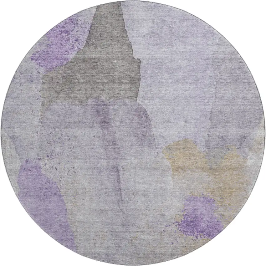 8' Lavender Gold And Gray Abstract Washable Round Rug With UV Protection Photo 1