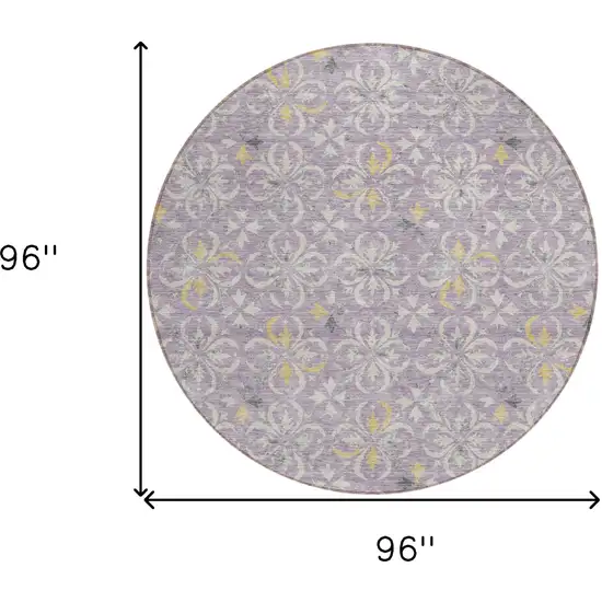 8' Lavender Gold And Gray Round Floral Washable Indoor Outdoor Area Rug Photo 3