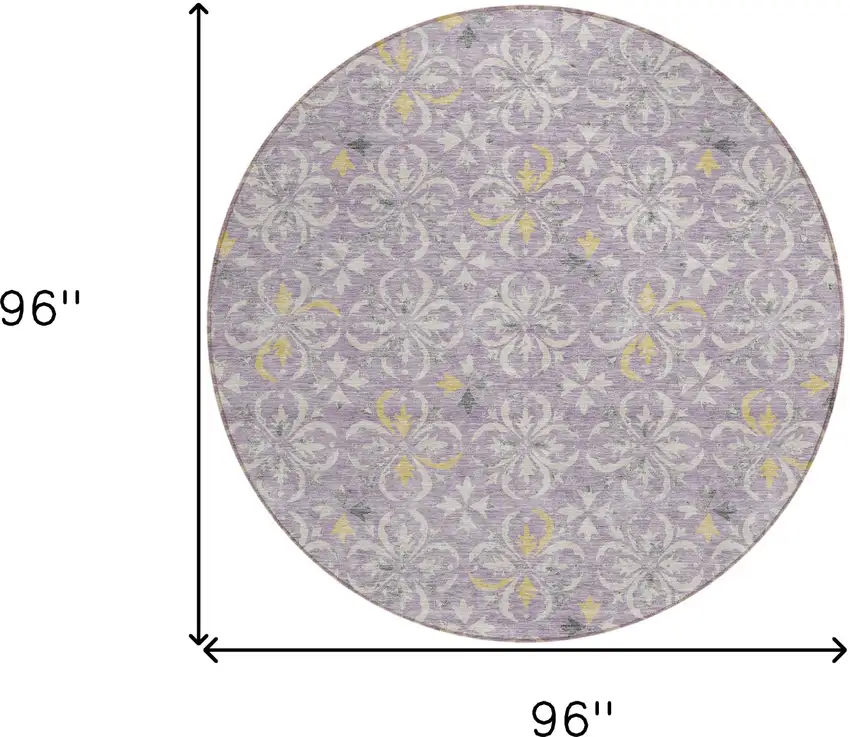 8' Lavender Gold And Gray Round Floral Washable Indoor Outdoor Area Rug Photo 3