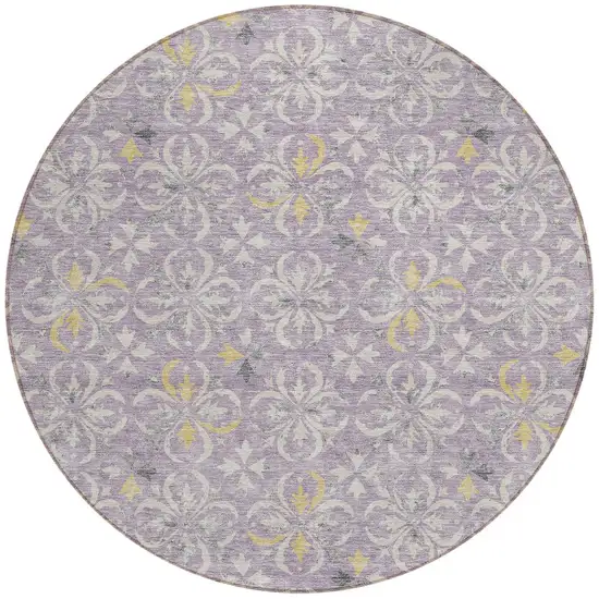 8' Lavender Gold And Gray Round Floral Washable Indoor Outdoor Area Rug Photo 6