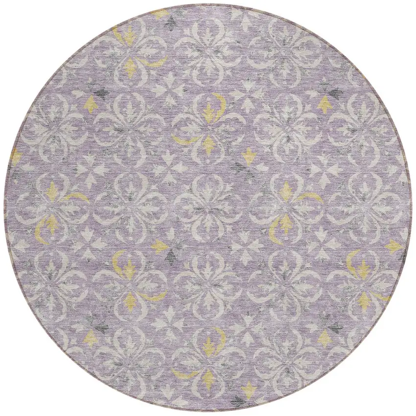 8' Lavender Gold And Gray Round Floral Washable Indoor Outdoor Area Rug Photo 6